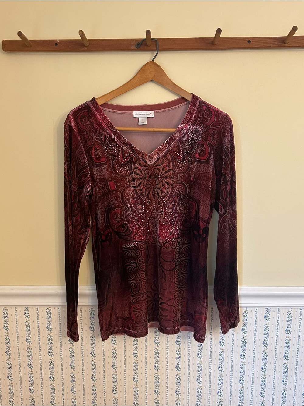 VINTAGE Christopher & Banks Y2K Long Sleeve V-Neck Patterned Blouse Top